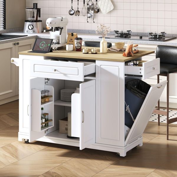 Carrello Da Cucina Merax Su Rotelle, Carrello Da Cucina Mobile Con Zona Pranzo Pieghevole, Prese Di Corrente, 2 Cassetti, Vano Portarifiuti, Bianco+Naturale-image