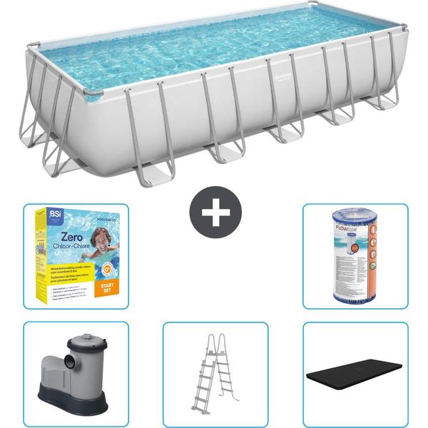 Piscina Rettangolare Bestway Power Steel - 640 X 274 X 132 - Grigio - Compresa Pompa - Scala - Copertura Pacchetto Manutenzione - Filtro-image