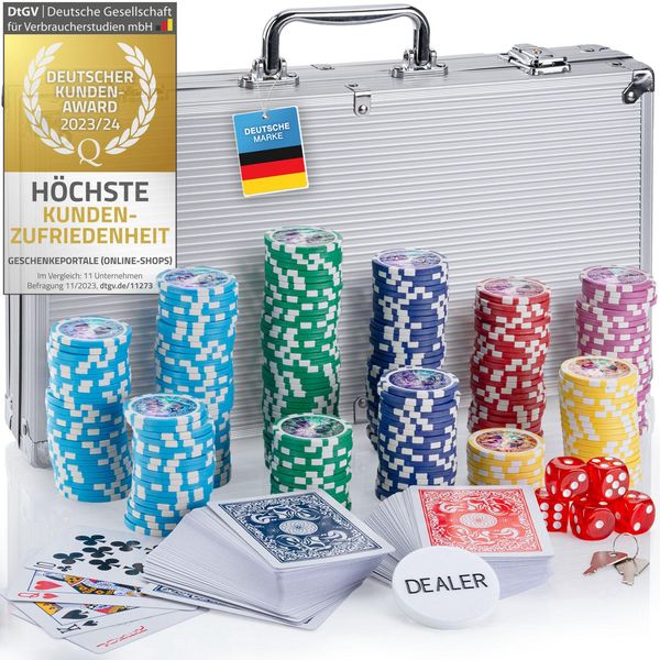 Set Da Poker Professionale Con Valigetta E 300-500 Fiches Pesanti Da 12 G Con Anima In Metallo; Mazzo Da Poker, Carte Da Poker, Dadi, Pulsante Del Mazziere; Colore - Argento 300 Fiches-image