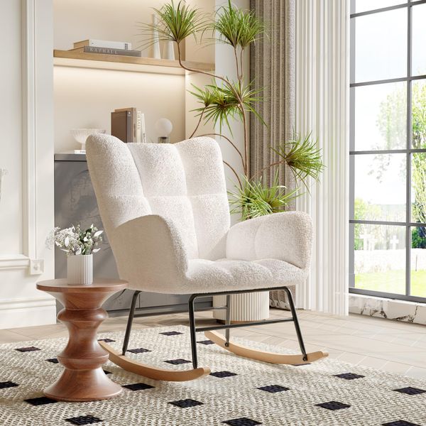 Sedia A Dondolo Mid-Century Modern Nursery Sedia A Dondolo Imbottita Con Schienale Alto Accent Glider Rocker Per Soggiorno-image