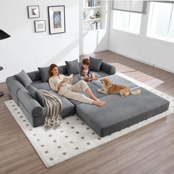 Lvhom Divano Letto Modulare In Tessuto A Coste, Divano Imbottito Pieghevole 7 In 1, Letto Da Giorno Senza Montaggio, Divano Da Terra Con Tasche Laterali, Grigio Scuro-image