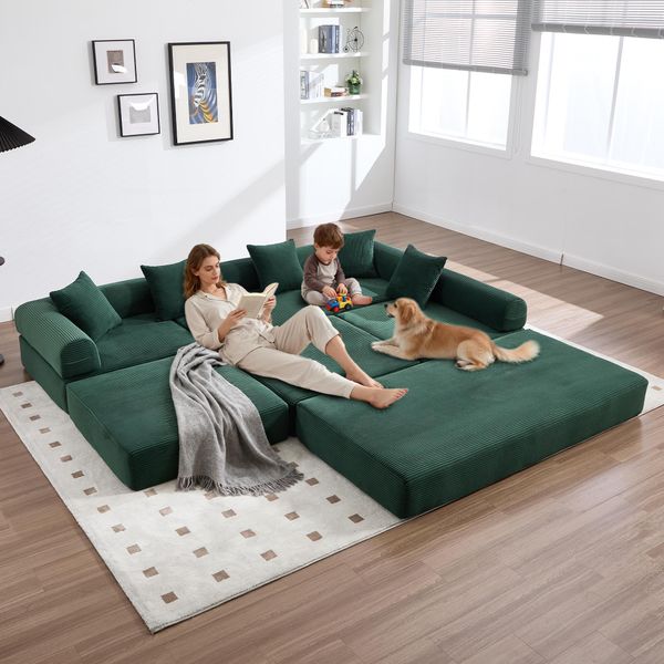 Lvhom Divano Letto Modulare In Tessuto A Coste, Divano Imbottito Pieghevole 7 In 1, Letto Da Giorno Senza Montaggio, Divano Da Terra Con Tasche Laterali, Emerald-image