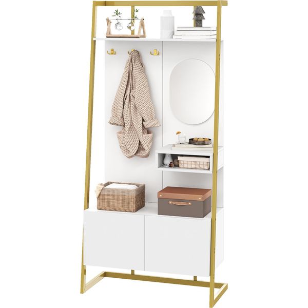 Sweiko Armadio Moderno Minimalista Compatto, Mobile Contenitore Aperto Multifunzionale Con Specchio, Ganci In Metallo, Appendiabiti Con Panca Per Scarpe, Appendiabiti, Deposito Per Scarpe, Appendiabiti,-image