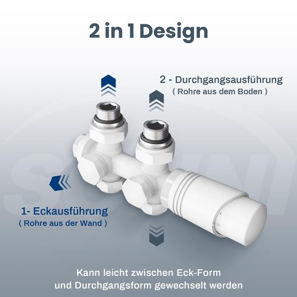 Sonni Multiblock Set: Raccordo Per Radiatore Con Termostato, Collettore Per Rubinetto, Valvola E Accessori Per Il Riscaldamento In Bianco, Disponibile In Versione Angolare E Diritta-image