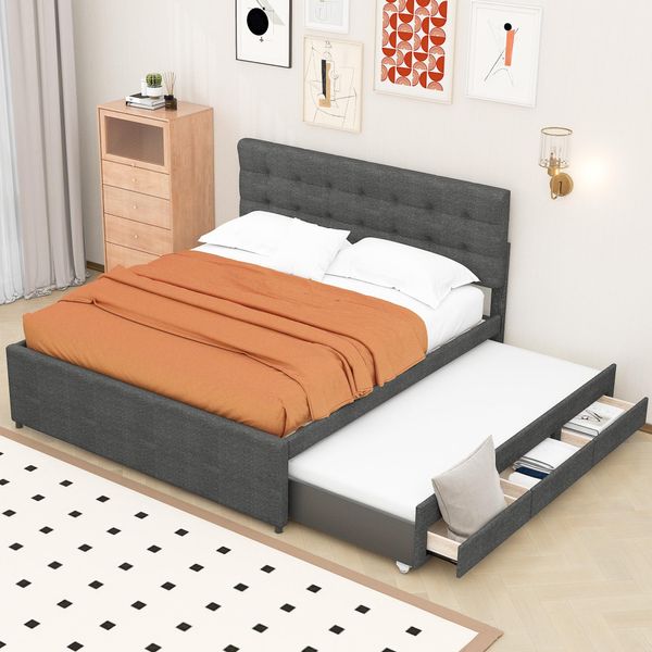 Letto Imbottito Fortuna Lai 140 X 200 Cm Con 3 Cassetti, Rete Matrimoniale Con Letto Estraibile, Letto Familiare Con Rete A Doghe E Testata Regolabile In Altezza, Materiale Lino, Senza Materasso, Grigio-image