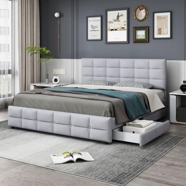 Letto Imbottito Fortuna Lai 180 X 200 Cm, Letto Matrimoniale Con 4 Cassetti, Rete A Doghe E Schienale, Letto Matrimoniale In Velluto Per Adulti E Ragazzi, Grigio-image