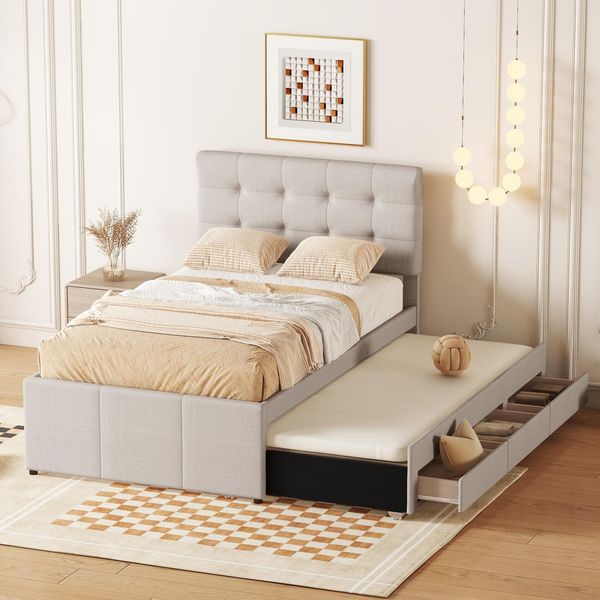 Letto Imbottito Fortuna Lai 90X200Cm(90X190Cm) Con 3 Cassetti, Rete Matrimoniale Con Letto Allungabile, Letto Familiare Con Rete A Doghe E Testata Regolabile In Altezza, Materiale Lino, Senza Materasso, Beige-image