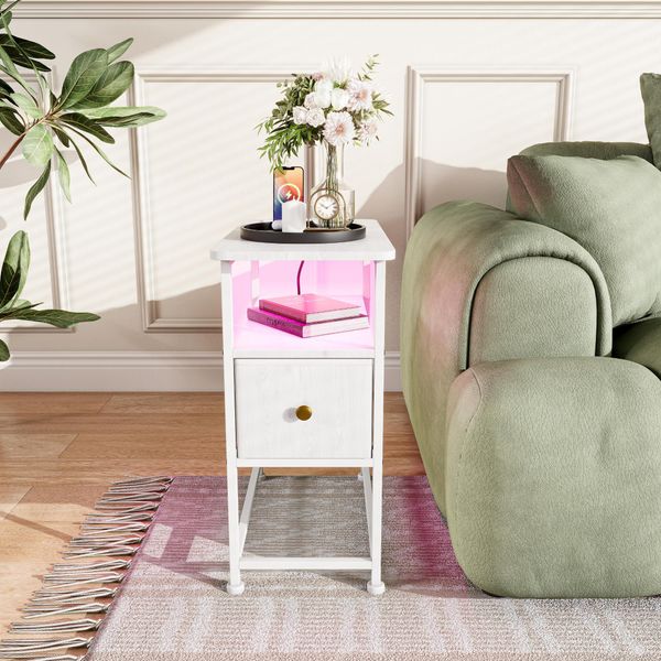 Fortuna Lai Comodino Con Led, Tavolino Con Presa Di Corrente E Cassetto In Tessuto, Tavolino Da Divano A 3 Livelli Con Ripiano Aperto, Perfetto Per Camera Da Letto Soggiorno Piccoli Ambienti, Bianco, 60 X 30 X 62 Cm-image