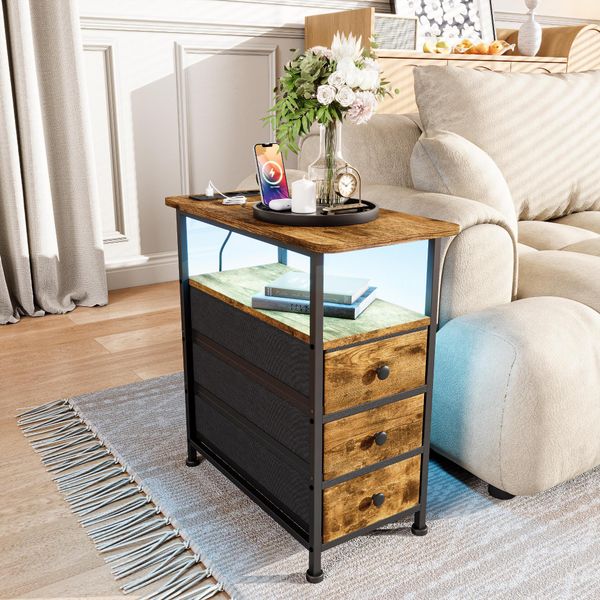 Fortuna Lai Tavolino Con Presa Di Corrente, Comodino Con Funzione Di Ricarica, Tavolino Stretto Per Divano, Con 3 Cassetti 1 Ripiano, Per Soggiorno Camera Da Letto, 60 X 30 X 62 Cm, Colore Legno Tigrato-image