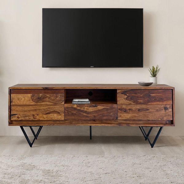 Tv Lowboard Finebuy Sheesham Massivholz 160 Cm TüRen Schublade Fach MetallfüßE-image