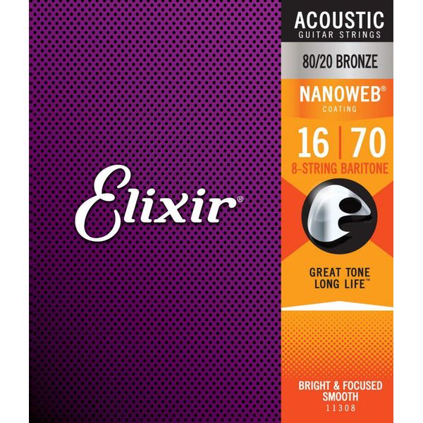 Elixir 11308 Nanoweb 80/20 Bronze 16-70 - Corde Per Chitarra Acustica Baritona A 8 Corde-image