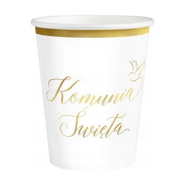 Bicchieri Di Carta Bianchi Con Bordo Dorato Kommunion Colomba 220Ml 6 Pz.-image