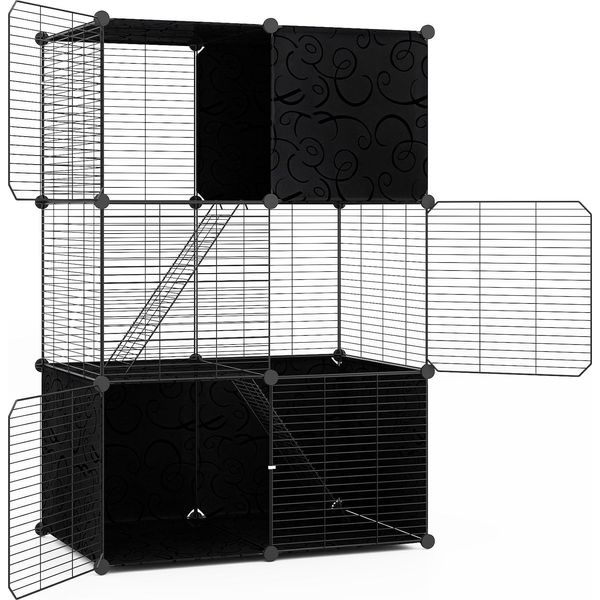 Costway 74X47X110 Cm Gabbia Per Gatti A 3 Livelli, Recinto Per Gatti Con Area Giochi Staccabile&2 Rampe, Fai Da Te, Gabbia In Filo Metallico Per Balcone Interno, Nero-image