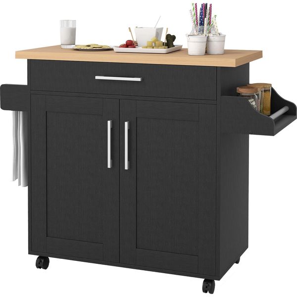 Costway Carrello Da Cucina, Isola Da Cucina Su Rotelle, Carrello Da Portata In Legno Con Cassetto, Porta Asciugamani, Portaspezie E Ripiano Regolabile, Mobile Da Cucina Nero-image
