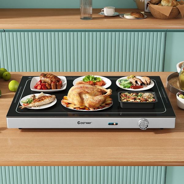 Costway 56,5X37 Cm Piastra Scaldavivande Elettrica, Scaldavivande Con Superficie In Vetro Temperato E Termostato Fino A 120℃, Scalda Buffet In Acciaio Inox-image