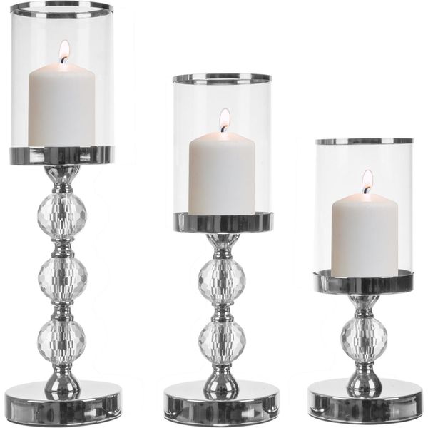 Set Di 3 Candelieri Di Diverse Altezze In Vetro Lampion Glamour Con Cristalli 22314-image