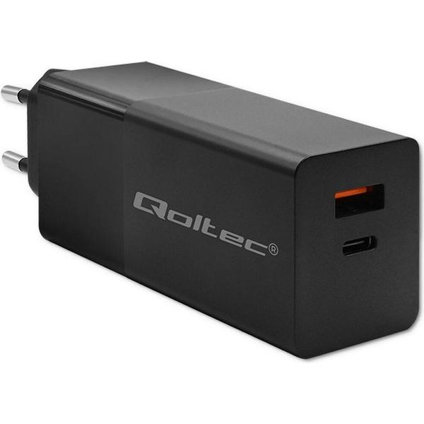 Qoltec 52382 Gan Power Pro Charger | 1Xusb Type C | 1Xusb A | 100W | 5-20V | 1.5-5A | Pd | Black-image