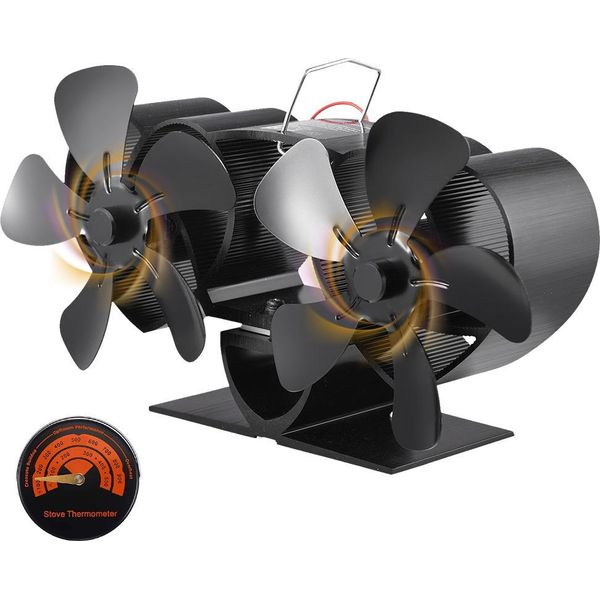 Ventilatore Per Stufa A Doppio Motore 10 Pale Con Alimentazione Termica Ventilatore Per Caminetto Non Elettrico Funzionamento Silenzioso Per Stufa A Legna/Pellet/Bruciatore A Legna Nero-image