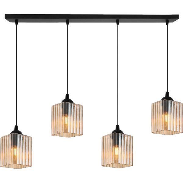 Lampada A Sospensione Riffle Nera A 4 Luci Con Paralumi Cubici Color Miele E27 – Elegante Lampada A Sospensione Per Un Illuminazione Interna Moderna-image