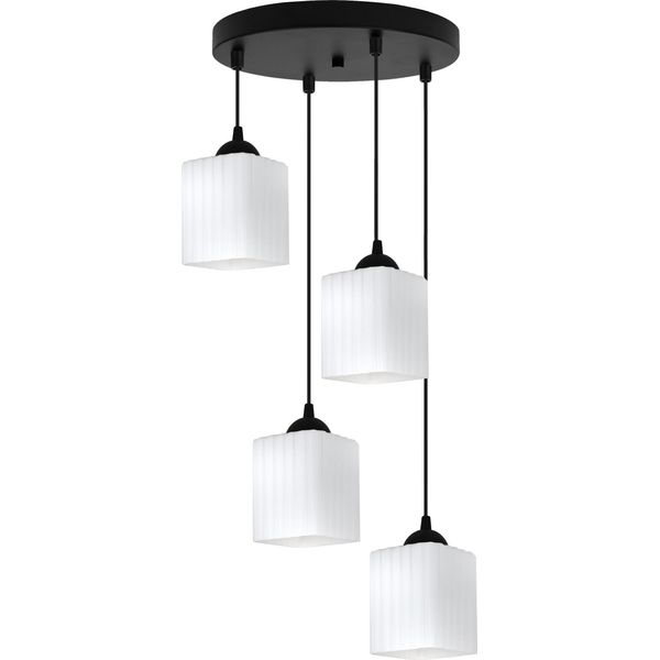 Lampada A Sospensione Riffle Nera A 4 Luci Con Paralumi Cubici Bianchi E27 Ow – Elegante Lampada A Sospensione Per L'illuminazione Interna Moderna-image
