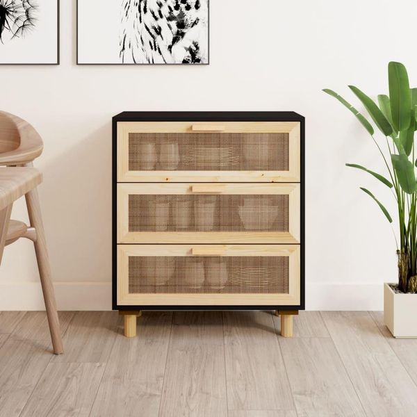 Vidaxl Credenza Nera 60X30X70Cm In Pino Massiccio E Rattan Naturale-image