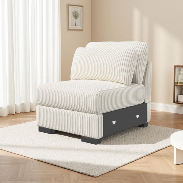 Poltrona Singola In Velluto A Coste Bianco Con Imbottitura In Schiuma Ad Alta Densità, Comoda Ed Elegante, Ideale Per Il Soggiorno, La Camera Da Letto O L'ufficio-image