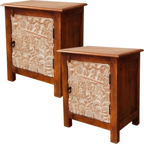 Set Di 2 Comodini In Legno Marrakesh Faten Brown Alto 60 Cm | Comodino Vintage BohéMien Orientale Decorato A Mano | Comodino Anche Per Letto A Baldacchino | Mobili Asiatici Dall'india-image