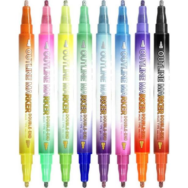 Inf 8 Pezzi 16 Colori Penne A Doppia Linea Per Contorni - Marcatori Glitterati Metallici-image