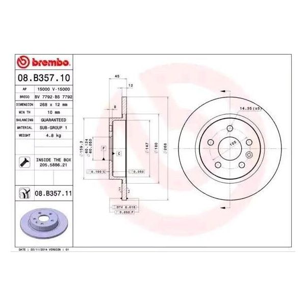 Brembo 08.B357.10 - Disco Freno Oe 13502135 Per Astra J, Cruze (J300), Cruze (J305), Cruze (J308), Mokka X (J13), Trax-image