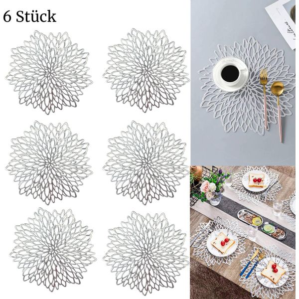 6 Tovagliette, Tovagliette Lavabili, Resistenti Al Calore E Antiscivolo, Ideali Per Cucina, Feste, Matrimoni Ecc, Argento, 38 Cm, Rotonde, 6 Pezzi-image