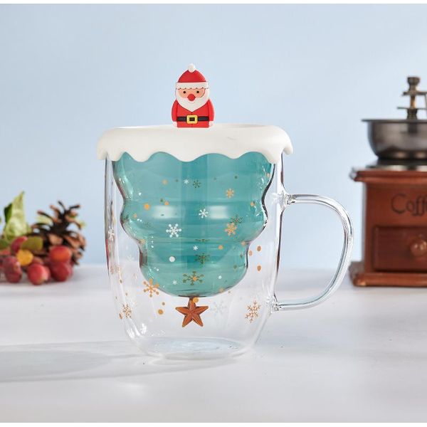 Tazza Di Vetro Con Albero Di Natale Creativo Con Coperchio Tazza Di Caffè A Doppio Strato Trasparente Tazza Di Latte Caffè Regalo Di Natale Tazze Con Scatola, C, 1 Pezzo-image