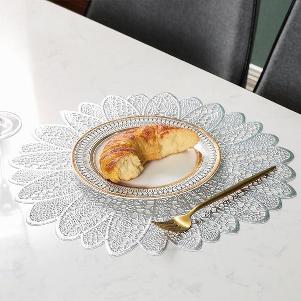 6 Pezzi Tovagliette Girasole, Resistenti Al Calore, Vinile Pressato, Tovagliette, Antiscivolo, Tovagliette Rotonde Per La Decorazione Della Casa, Accento Di Nozze, Argento, 39CM, 6-image