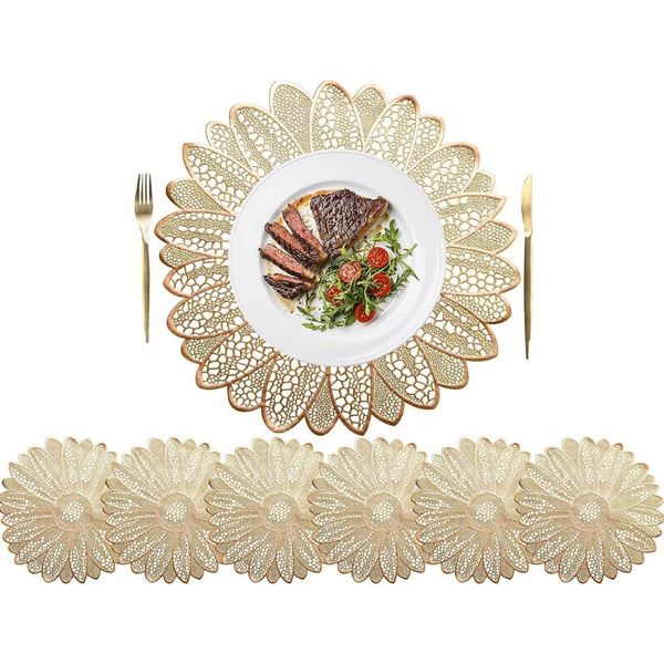 6 Pezzi Tovagliette Girasole, Resistenti Al Calore, Vinile Pressato, Tovagliette, Antiscivolo, Tovagliette Rotonde Per La Decorazione Della Casa, Accento Di Nozze, Oro, 39CM, 6-image