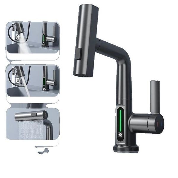 Rubinetto Da Lavabo, Design Estraibile, Display Della Temperatura, Grigio Canna Di Fucile-image