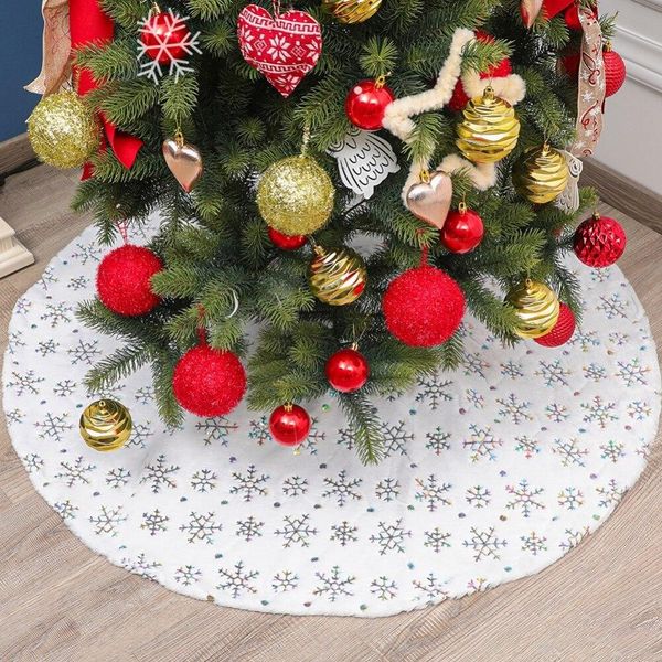 90CM White Snowflake Christmas Tree Skirt Faux Fur Rug Per Happy New Year Home Decor Xmas Tree Apron-image