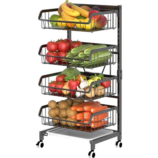 Carrello Da Cucina A 4 Livelli Su Ruote, Cesto Di Stoccaggio Regolabile In Metallo Per Frutta/Verdura, Carrello Di Stoccaggio Per Bagno, Soggiorno, Ufficio-image