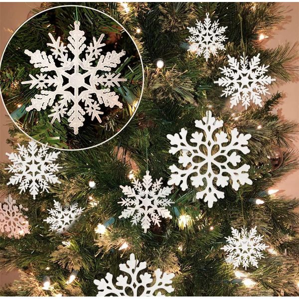 36Pcs Bianco Fiocchi Di Neve Natale Plastica Glitter Ornamenti Per L'inverno Interno Esterno Albero Di Natale Decorazione Finestra,-image