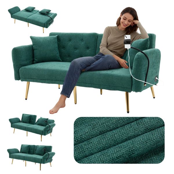 Lvhom Divano Letto Pieghevole Con Funzione Letto, Divano Letto A 2 Posti Con Porta Usb E Porta Cellulare, Divano Letto Con Tasca Laterale, Divano Imbottito Con Schienale A 3 Scomparti, Verde-image