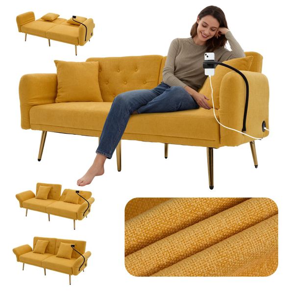 Lvhom Divano Letto Pieghevole Con Funzione Letto, Divano Letto A 2 Posti Con Porta Usb E Porta Cellulare, Divano Letto Con Tasca Laterale, Divano Imbottito Con Schienale A 3 Scomparti, Giallo-image