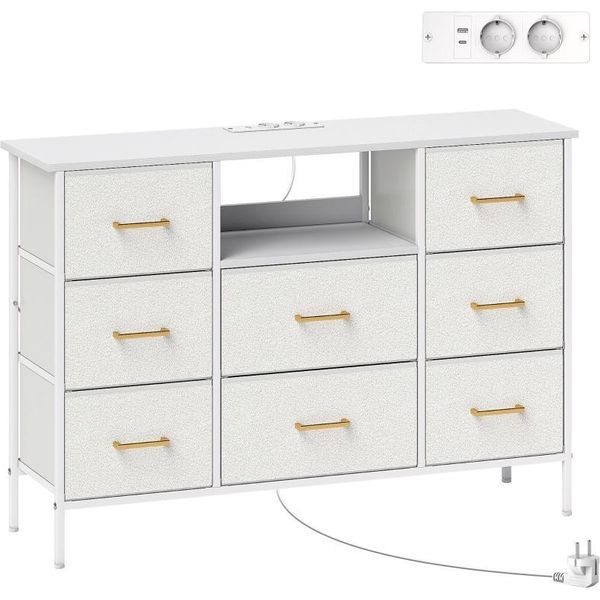 Fortuna Lai Comò, Armadio Contenitore Con 8 Cassetti In Tessuto, Presa Multipla, Struttura In Acciaio, Cassettiera Per Corridoio, Camera Da Letto, Soggiorno E Ufficio, Bianco Crema-image