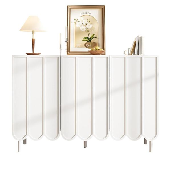 Aiorber Moderna Credenza Bianca Con Ante Ondulate, Senza Maniglie E Con Ripiani Regolabili - Tanto Spazio Per Il Soggiorno E La Sala Da Pranzo - Bianco-image