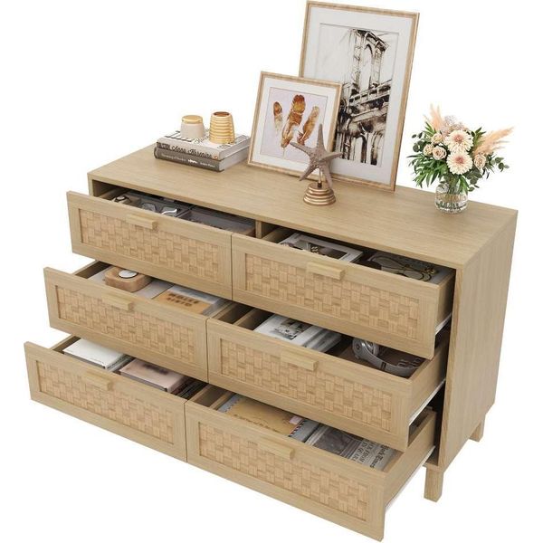 Aiorber Elegante Credenza E Cassettiera In Legno Naturale Con Sei Cassetti, Armadio Per Camera Da Letto Con Ampio Spazio Di Archiviazione, Cassetti In Look Rattan.-image