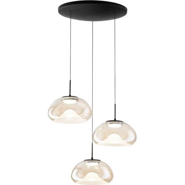 Brena - Lampada A Sospensione Circolare 3 Luci Fabas Luce - Led 30W Dimmerabile - Cognac Rosone Rotondo D.35Cm-image