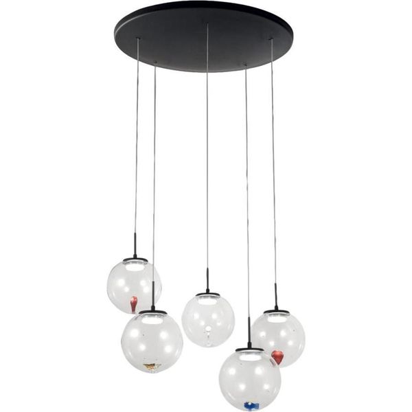 Ariel - Lampada A Sospensione Circolare 5 Luci Con Forme Fabas Luce - Led 35W Dimmerabile - Trasparente Rosone Rotondo D.50Cm-image