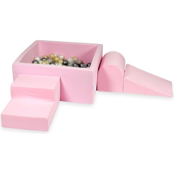 Parco Giochi In Schiuma Con Vasca Quadrata 90X90X40 Rosa Cipria + 400 Palline: Oro Chiaro, Madreperla, Argento, Trasparente-image