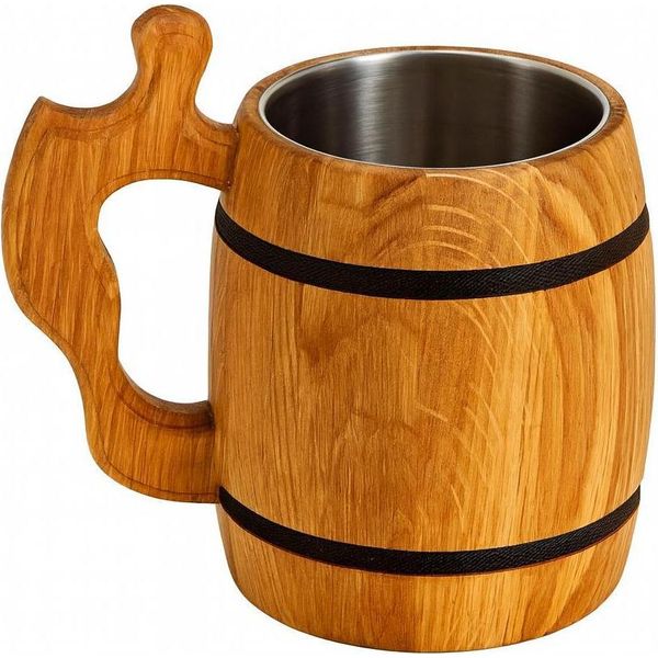 Boccale In Quercia Con Inserto In Acciaio Inox | Boccale Da Birra In Legno | Boccale Da Birra In Legno E Acciaio | Boccale Rustico | Regalo Per Un Amante Della Birra-image