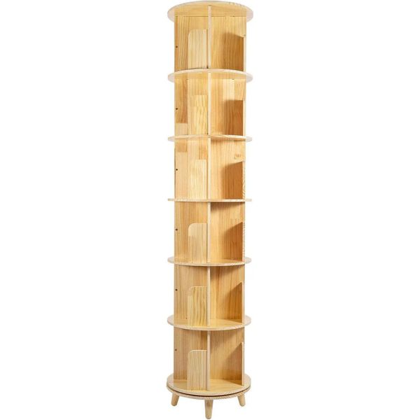 Libreria Girevole, Design A 6 Livelli, Struttura In Legno Di Pino, Accesso A 360°, Legno-image