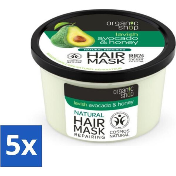 Organic Shop - Maschera Per Capelli All'avocado E Miele - Idratante E Lenitiva - 250 Ml - Confezione Risparmio - 5 Pezzi-image
