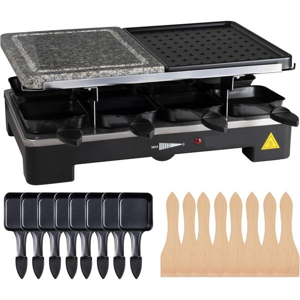Set Da Raclette Per 8 Persone - Con Funzione Piastra Grill E Piastra In Pietra - Griglia Da Tavolo Incl. Padelle E Raschietto-image