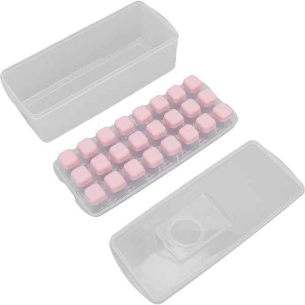 Vassoio Per Cubetti Di Ghiaccio Sicuro E Salutare, A Rilascio Facile, Impilabile, 24 Cubetti Multiuso Con Coperchio Per Ghiaccioli E Budini Rosa-image